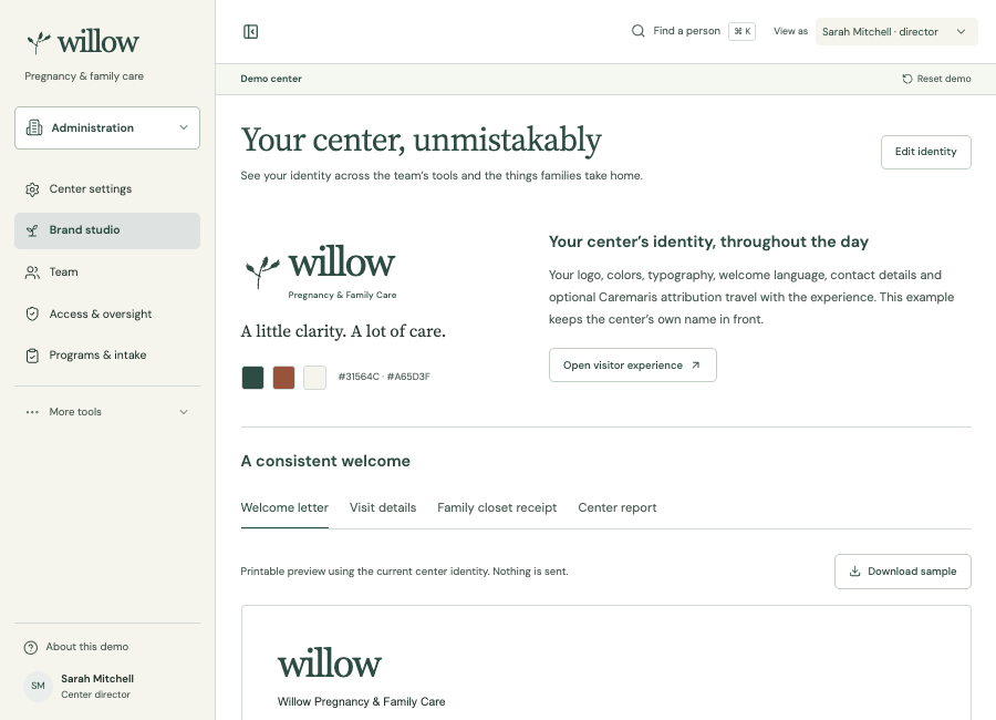 Willow’s Brand studio with its wordmark, colors, and branded documents.